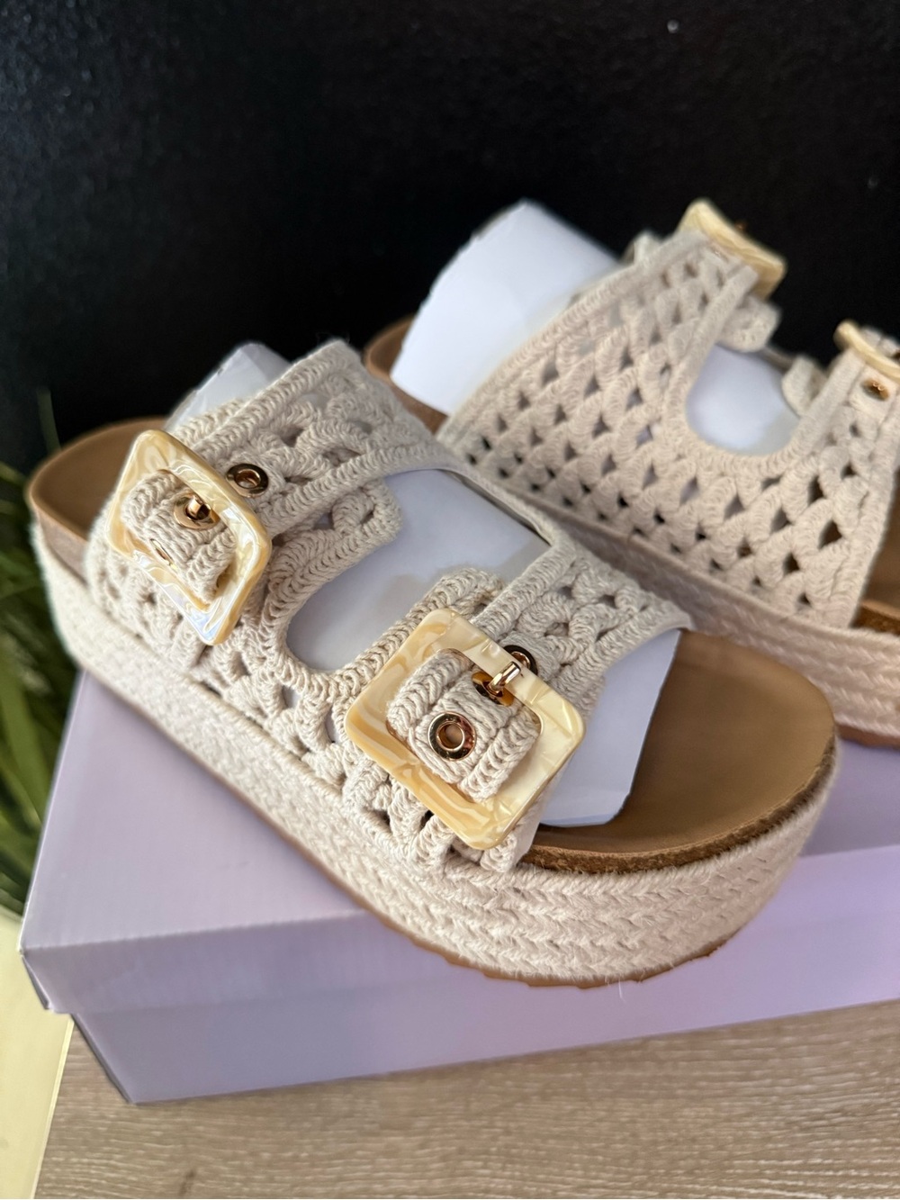 Women’s Cream Crochet Platform Sandals with Gold Buckles
